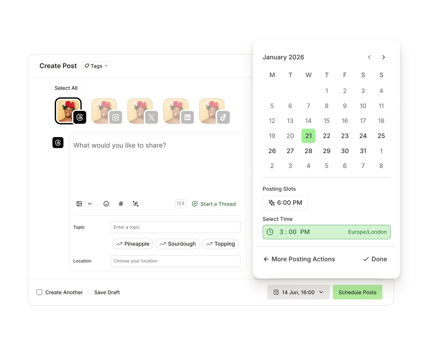 Vista de publicación de Toddy con programación para publicar en una fecha y hora futuras