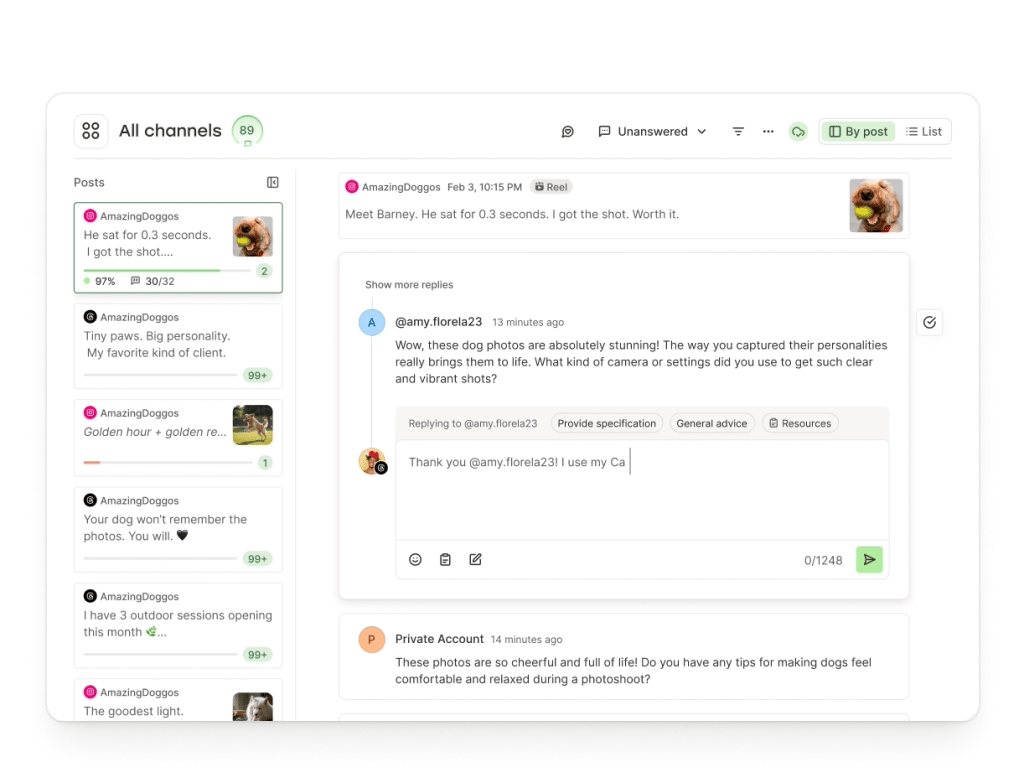 Toddy Community space with filterable and sortable comments across multiple social media accounts.