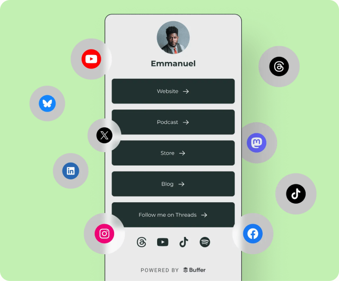 Perfil de Toddy Start Page con enlaces a sitio web, pódcast, tienda y redes